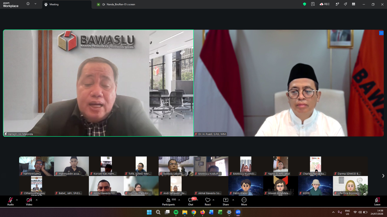 tangkap layar giat Sosialisasi Teknis Penyusunan Indikator Kinerja Utama Pengawas Pemilu via daring dihadiri pimpinan Bawaslu RI, Jumat (24/7/2026).