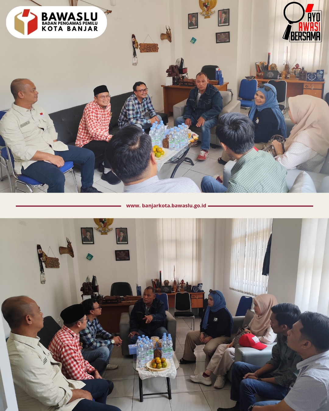 Pimpinan Bawaslu RI, Totok Hariyono dan Lolly Suhenty, didampingi Anggota Bawaslu Provinsi Jawa Barat, Fereddy dan Muamarullah saat melaksanakan monitoring dan supervisi di kantor Bawaslu Kota Banjar