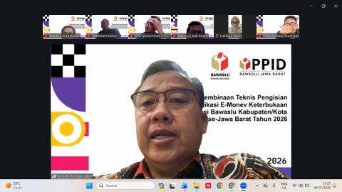 Tangkap layar zoom meeting  kegiatan Peningkatan Kapasitas dan Persiapan Pengisian Self Assessment Questionnaire (SAQ) Keterbukaan Informasi Publik yang diselenggarakan oleh Bawaslu Provinsi Jawa Barat (9/07/2026)